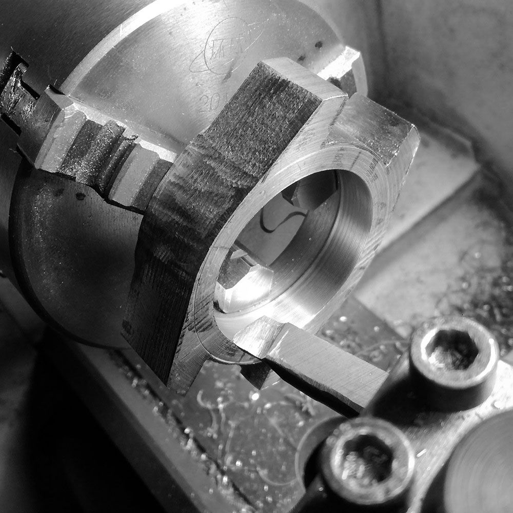 Boring from the back of the case is finished, it will be further turned to create the display back, and contour given to the bottom of the lugs.
